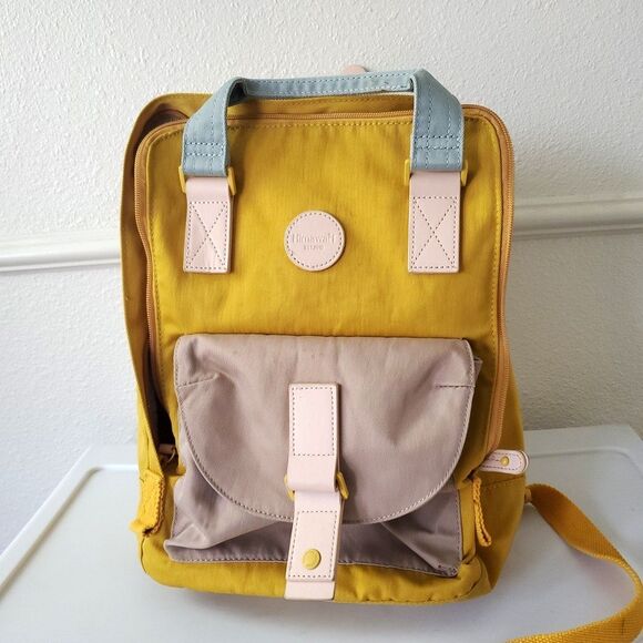 Himawari Contrast Waterproof Canvas Backpack Bag with Round Label Mustard Yellow - Picture 9 of 16
